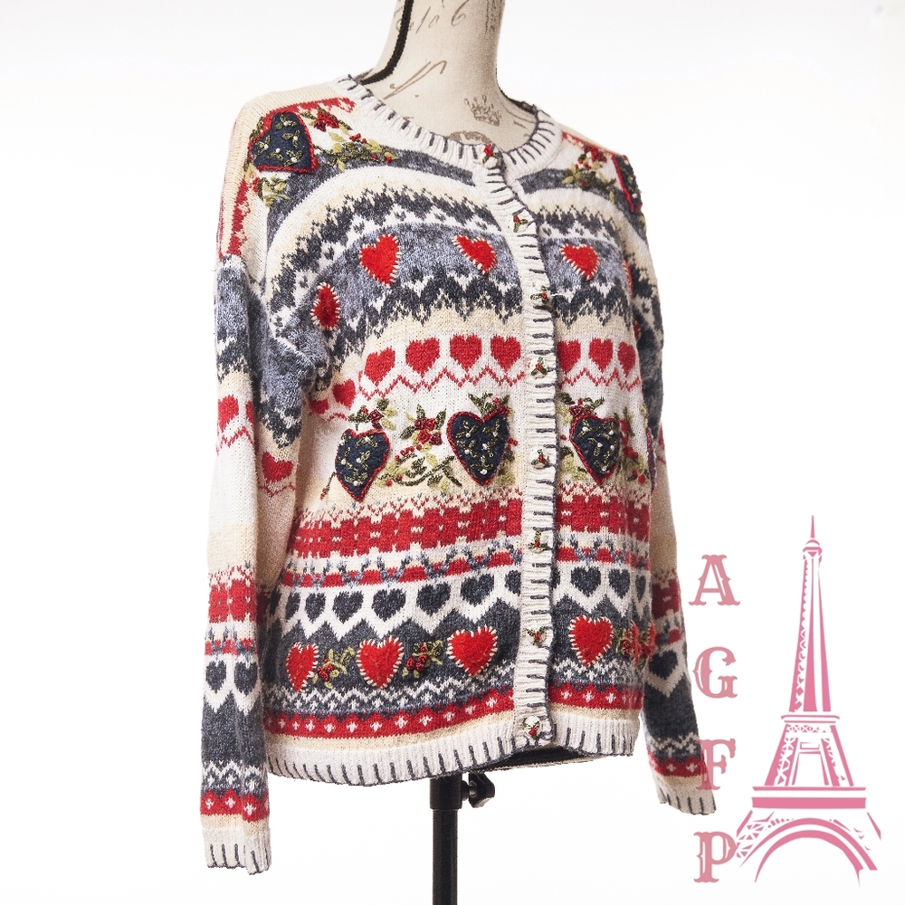 Heirloom Collectibles vintage hearts ugly Christmas chunky knit sweater cardigan - Picture 10 of 16